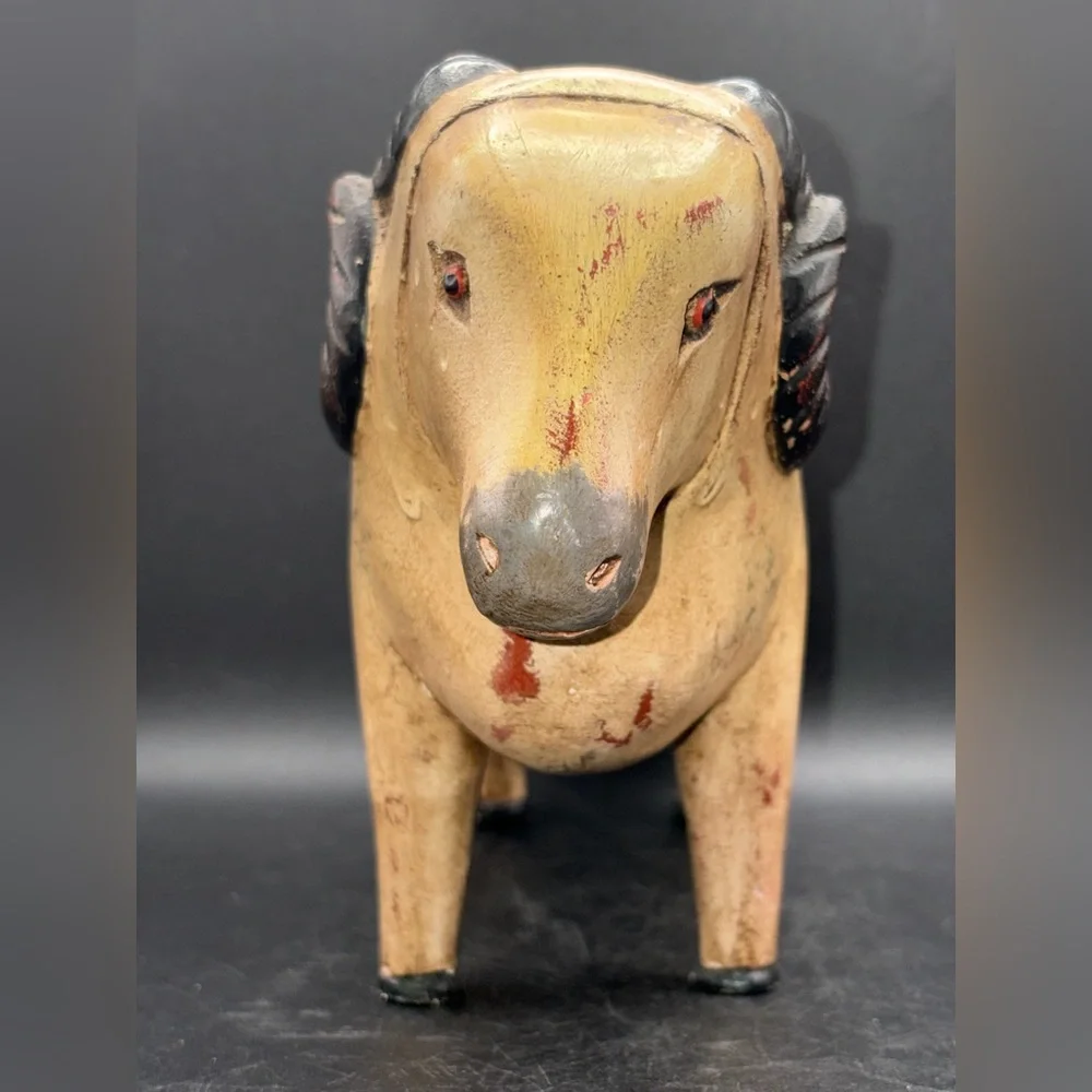 Vintage Hand Painted Carved Wood Sheep Ram Figure Sculpture Folk Art Collectible